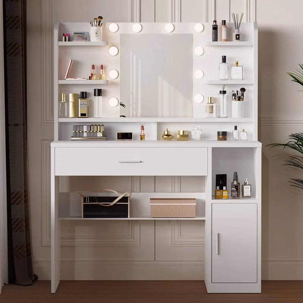 PAWNORA Modern White Dressing Table with Hollywood LED Lighting and 8 Shelves – 3