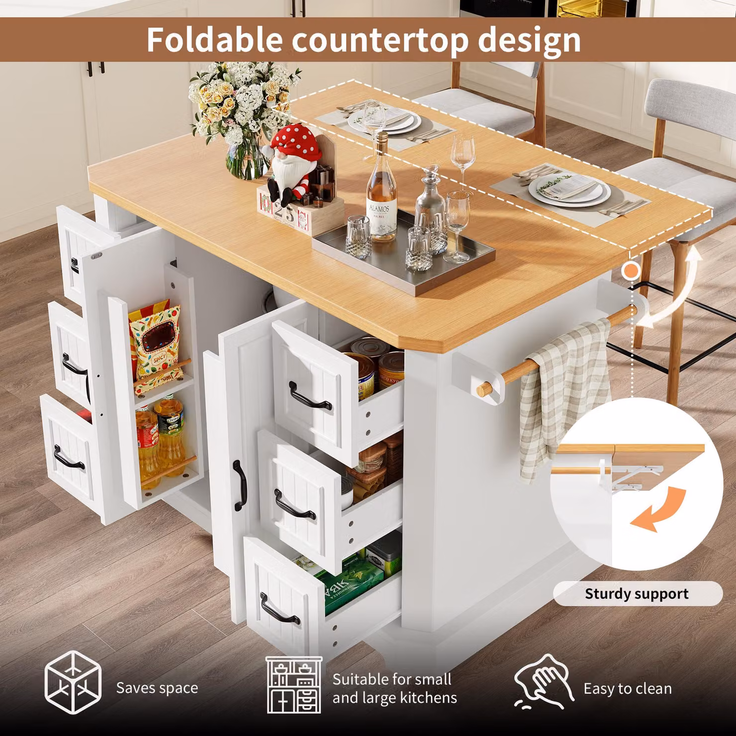 Aosom UK Mobile Kitchen Island with 2 Doors, 6 Drawers and Wood-Effect Worktop in White, W: 120 cm, D: 45 cm, H: 91 cm – 4