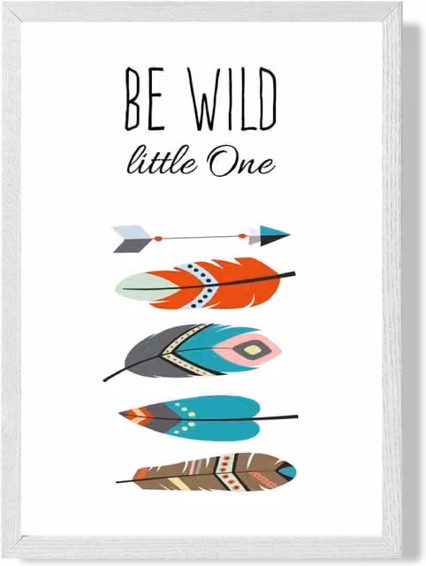 ARTZE Be Wild Feathers Tribal Quote Framed Print, Red and White, A2 – 1