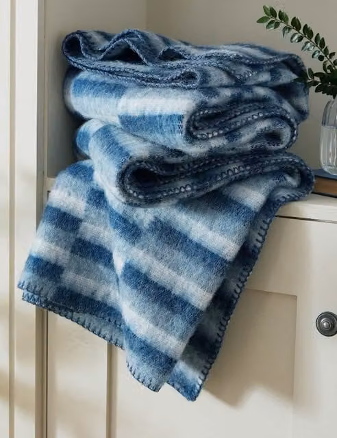 Laura Ashley Extra Large Geo Stripe Wool and Cotton Throw in Blue Mix
