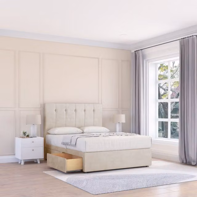 Sloomy Highbury Upholstered Divan Bed Base with 2 Drawers and Headboard, Cream/Beige, W: 90 cm, D: 200 cm