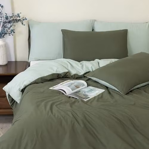 MHG Living Reversible Forest Green 100% Cotton Percale Duvet Cover and Pillowcase Set, W: 140 cm, H: 200 cm, Pillowcase: 48 x 74 cm – 1