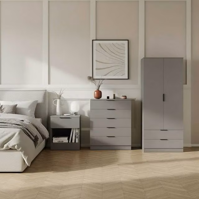 Vida Designs Trega 3-Piece Grey Bedroom Set Including Wardrobe, 5-Drawer Chest and Bedside Table