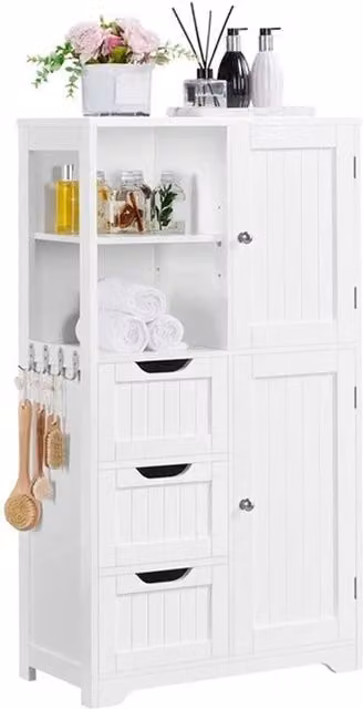 KORVIXA Multifunctional White Freestanding Bathroom Floor Cabinet with Drawers and Shelves