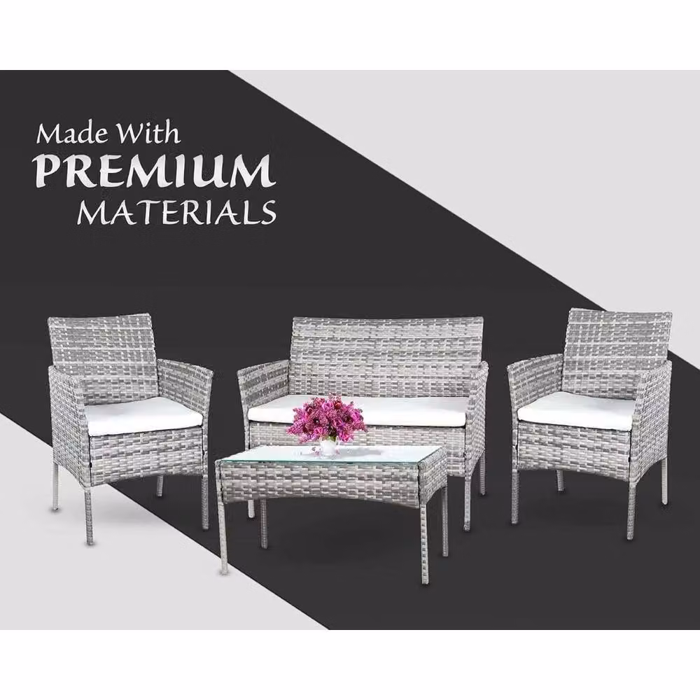 FLAVORA 4 Piece Grey Rattan Garden Furniture Set with Table and Chairs – 3