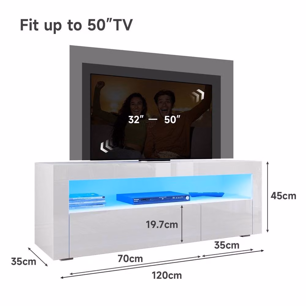 ERGOVEXA White High Gloss TV Stand Entertainment Unit Cabinet with Integrated LED Light, W/D/H: 120 x 35 x 45 cm – 2