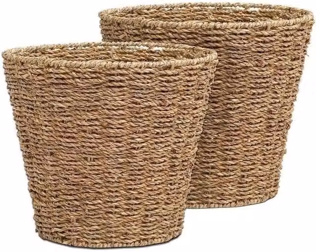 Kelvenix Set of 2 Brown Woven Seagrass Waste Paper Baskets in a Round Open Weave Design – 1