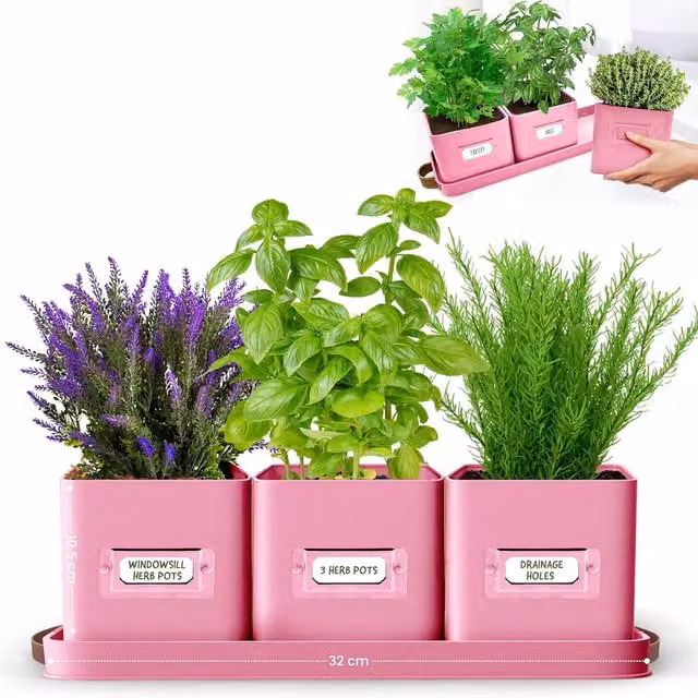 Green Thumbz Set of 3 Pink Steel Window Herb Pot Planters for Indoor and Outdoor Use