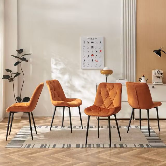 SONARA Set of 4 Modern Velvet Dining Chairs with Ergonomic Upholstered Seats in Green, Orange and Black