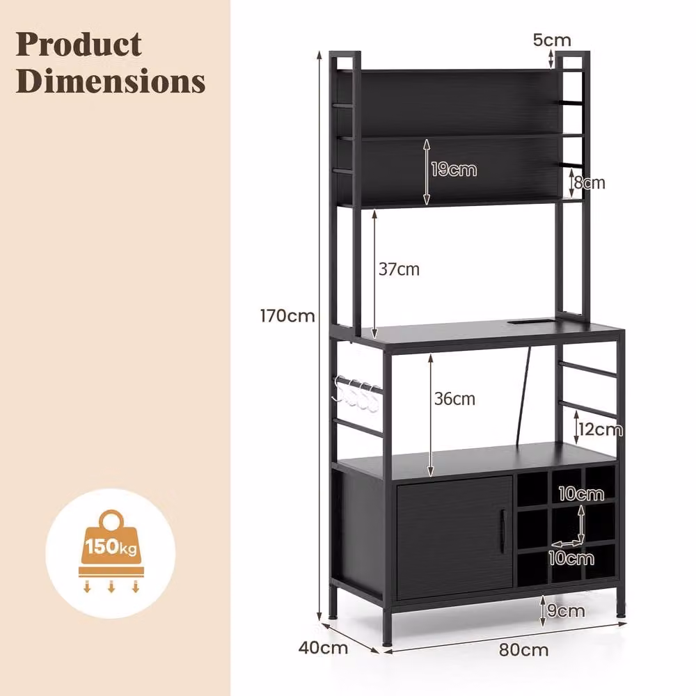 Gymax Black Metal Bakers Rack Bar Cabinet and Microwave Stand with Power Outlet – 3