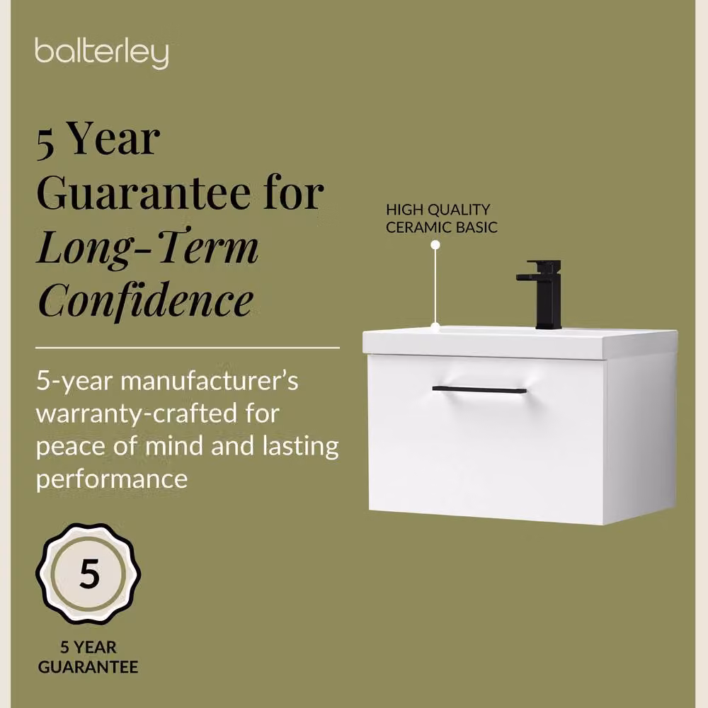 Balterley Gloss White Wall Hung 1 Drawer Vanity Basin Unit with Black Handle, 600mm – 4