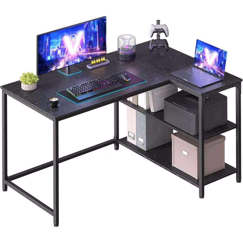 The Bazaarist L Shaped Corner Computer Desk with Reversible Shelves in Jet Black – 2