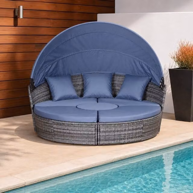STILVORA Modern Grey Sofa Set with Retractable Canopy and Rattan Metal Frame – 1