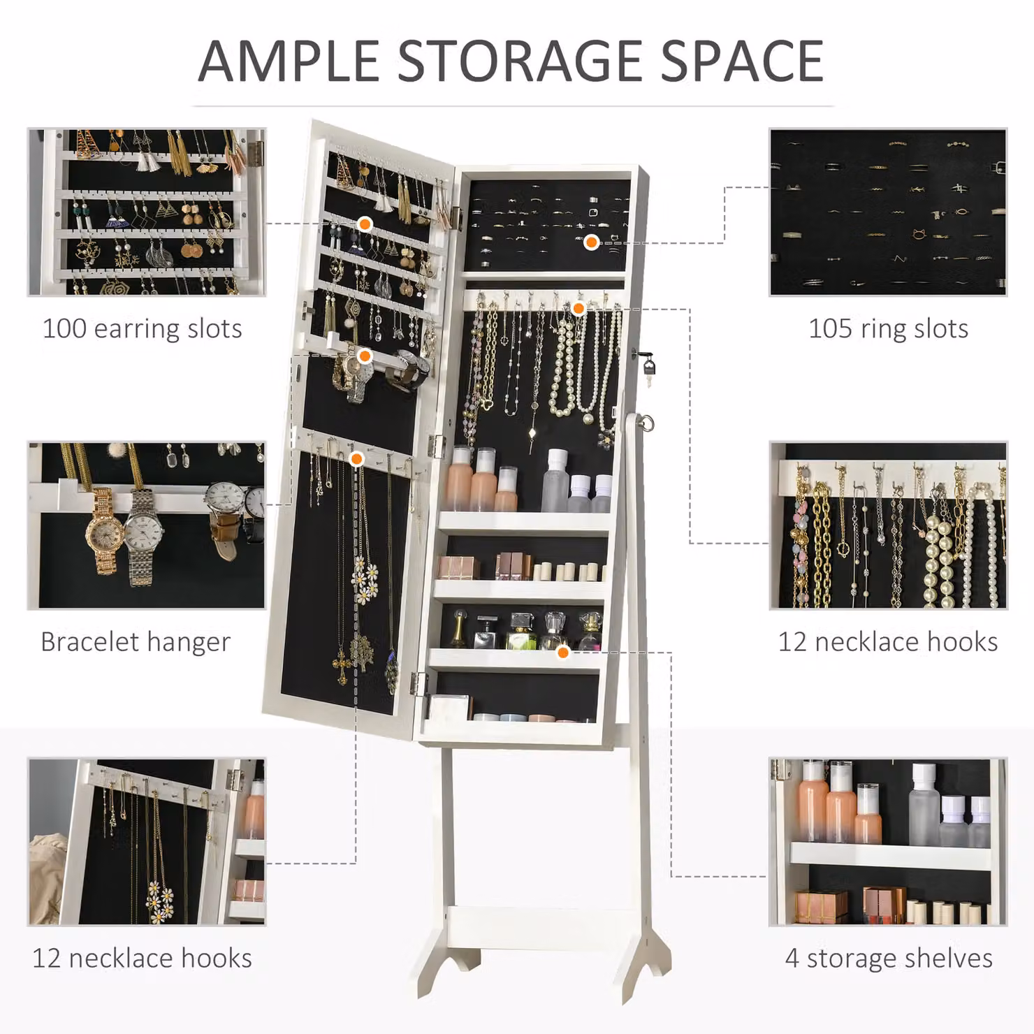 HOMCOM White Mirrored Jewellery Cabinet with Lock and Internal Shelves for your Bedroom – 3