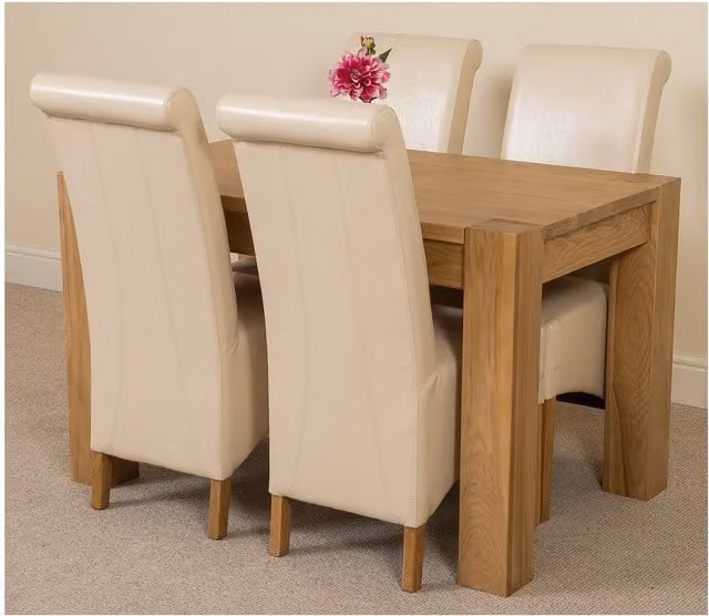 Thats Furniture Kuba Oak Dining Table and 4 Montana Leather Chairs in Beige and Brown, W: 125 cm, D: 80 cm
