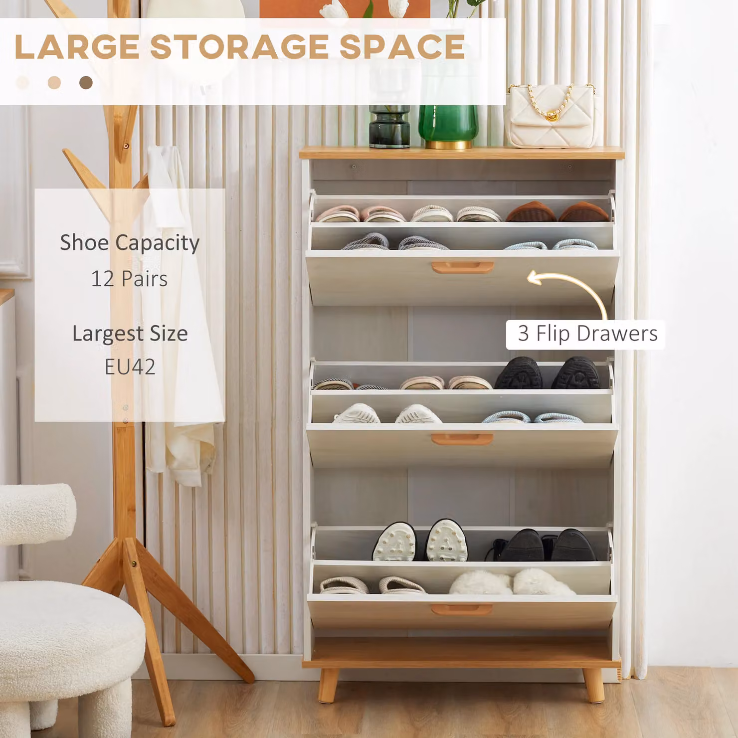 HOMCOM Slim White Shoe Storage Cabinet with 3 Tilting Compartments and Adjustable Shelves for Hallway, W/D/H: 23.5 x 26.0 x 70.0 cm – 2