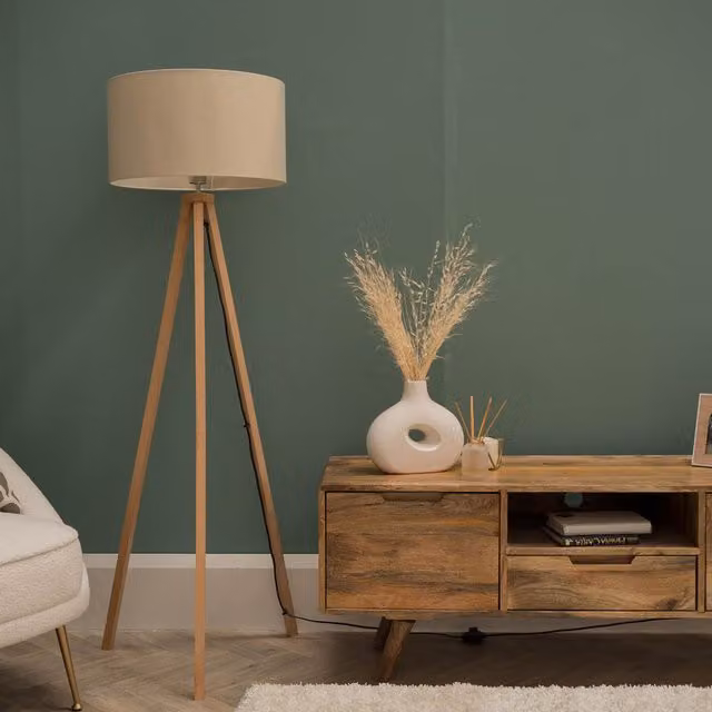 ValueLights Barbro Minimalist Wooden Tripod Floor Lamp with Beige Fabric Cylinder Shade