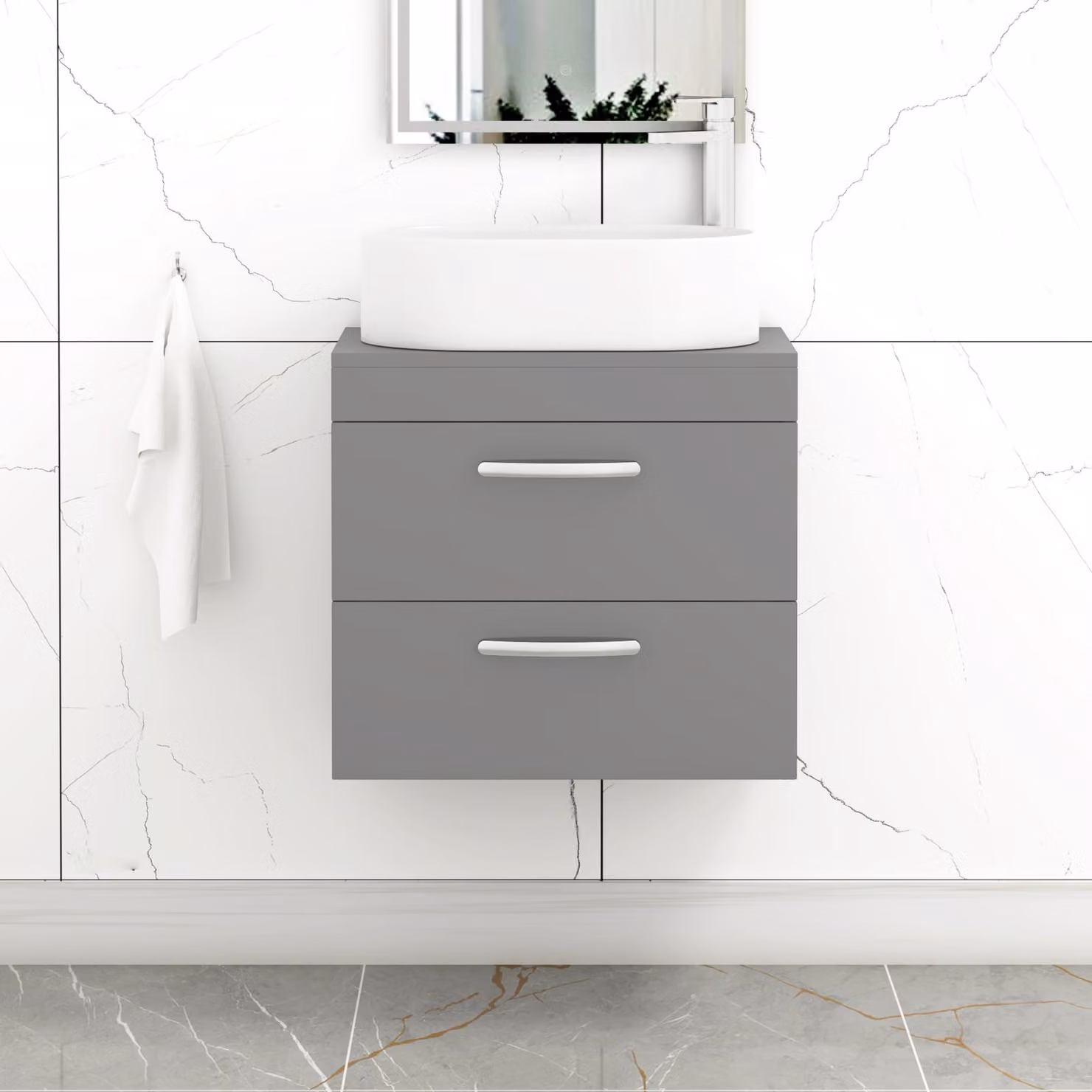 Royal Bathrooms Turin 600mm Wall Hung Vanity Unit with 2 Drawers and Countertop Basin in Indigo Grey Gloss