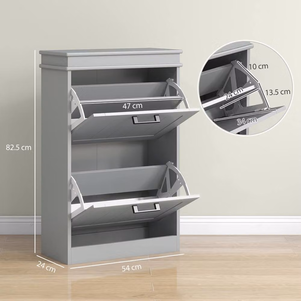 ERGOVEXA Grey Slim Shoe Cabinet with 2 Tilting Drawers and Internal Shelves – 4