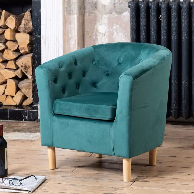 Artemis Home Clio Green Velvet Tub Accent Chair with Armrests and Solid Wood Frame
