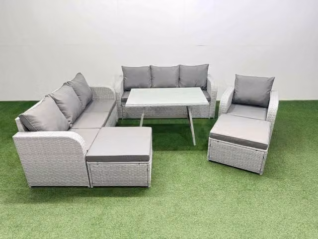 Fimous 6 Piece Outdoor PE Rattan Garden Furniture Set with Large Stools in Light Grey