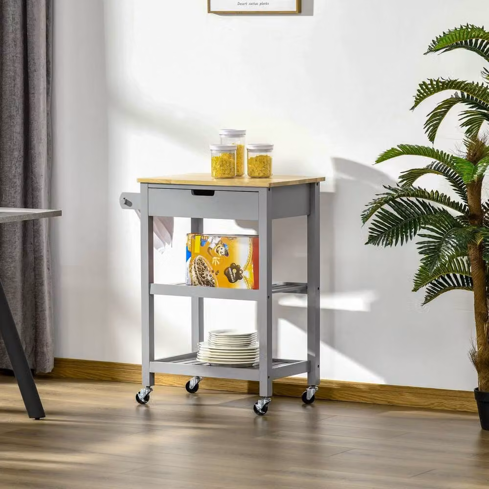 Wyld Haus Vena Grey Kitchen Trolley with Natural Rubberwood Worktop, Drawers and Shelves – 3