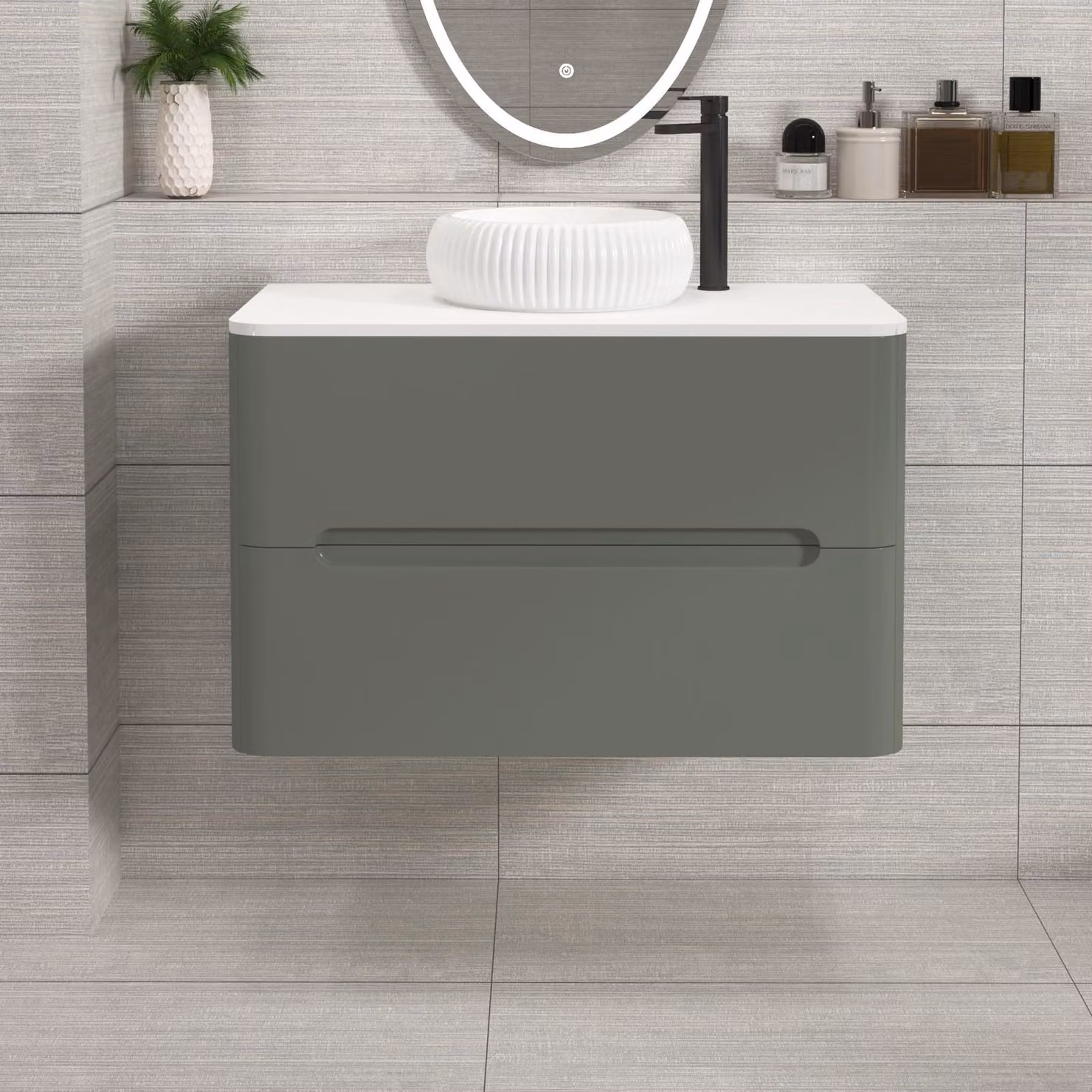 Royal Bathrooms Venice 800mm Wall Hung Vanity Unit in Sage Green with 2 Drawers, Plain White Worktop and Milan Basin