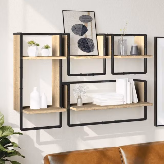 Berkfield Home 4 Piece Wall Mounted Shelf Set with Hanging Rods in Sonoma Oak Brown