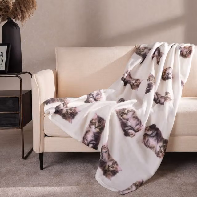 Dreamscene All Cats Animal Print Soft Fleece Throw Blanket, Yellow and White, W: 120 cm, D: 150 cm