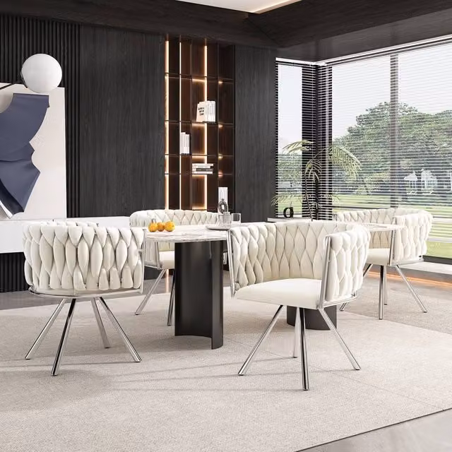 Merax Set of 4 Beige Velvet 360-Degree Swivel Dining Chairs with Metal Legs and Armrests – 1