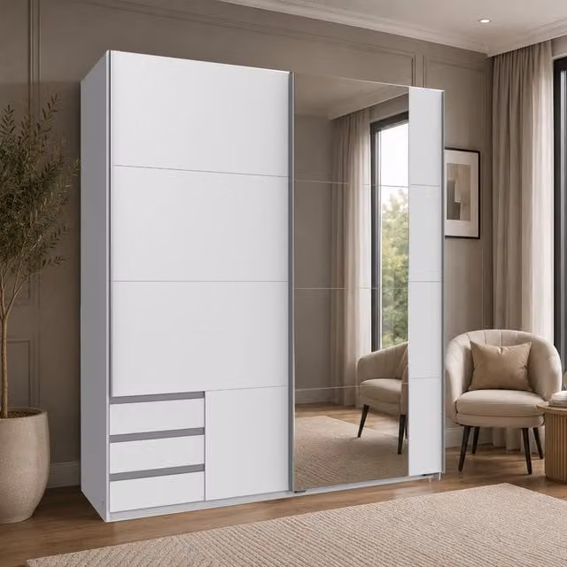 Emden 2 Door Mirrored Sliding Wardrobe in Matt White, Height: 179 cm