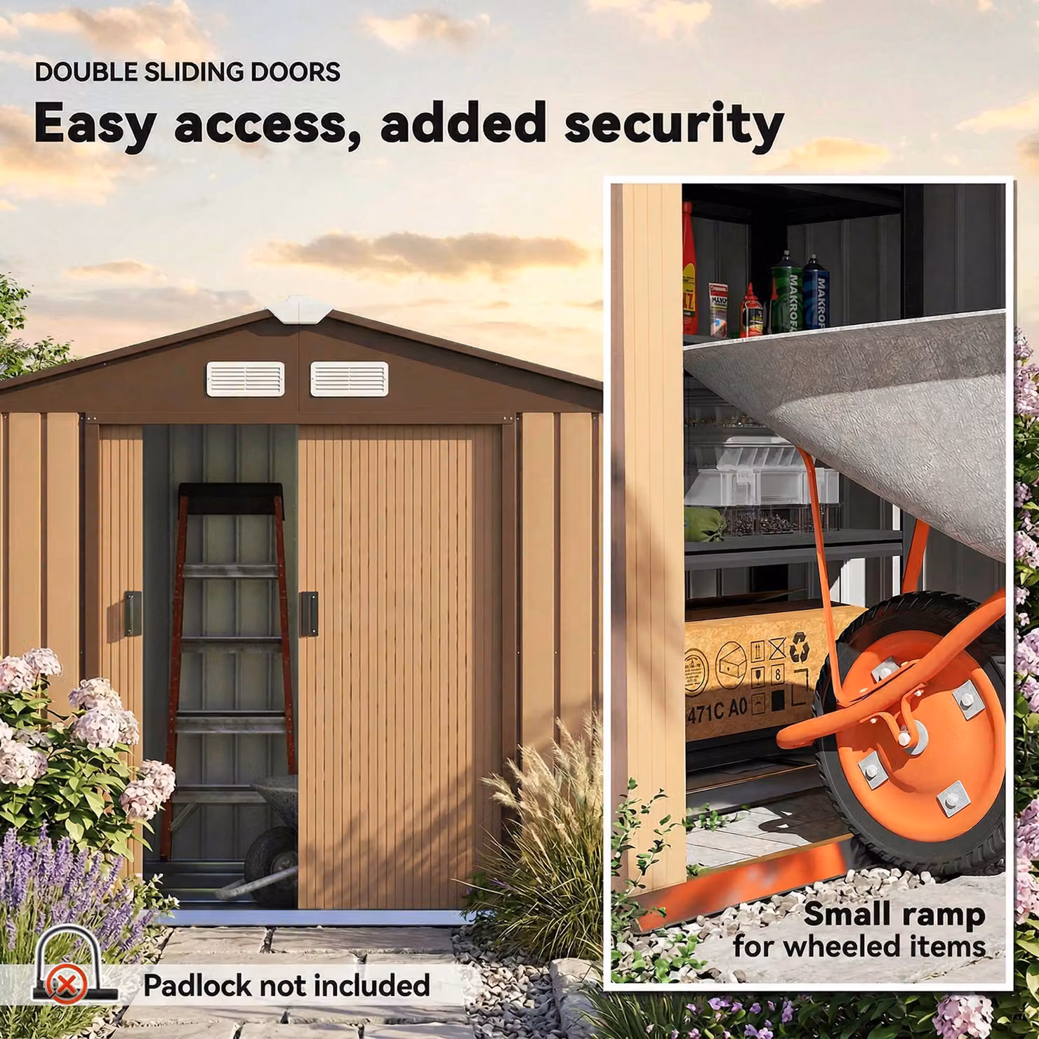 Outsunny Lockable Metal Garden Storage Shed with Pent Roof and Side Vent, Light Brown, W: 213.4 cm, D: 127.0 cm, H: 185.0 cm – 4