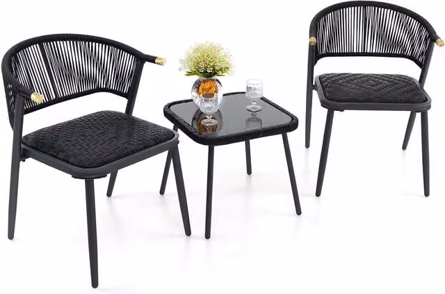 Costway 3 Piece Outdoor Wicker Furniture Set with Rattan Armchairs and Tempered Glass Coffee Table in Black – 1