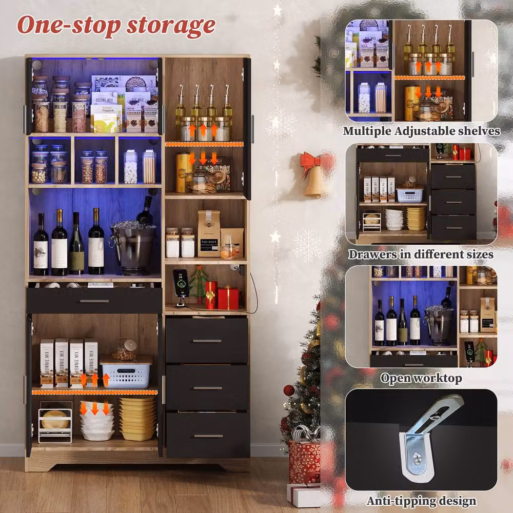 Merax Tall Kitchen Dresser in Black with Glass Doors, Integrated LED Lighting and Power Outlet, Height: 100 cm – 5
