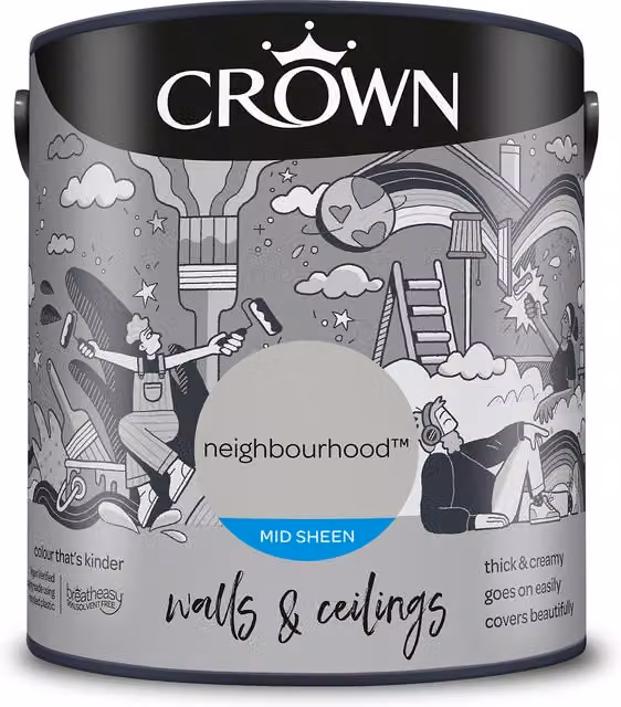 Crown Walls and Ceilings Mid Sheen Emulsion in Neighbourhood Grey, 2.5l