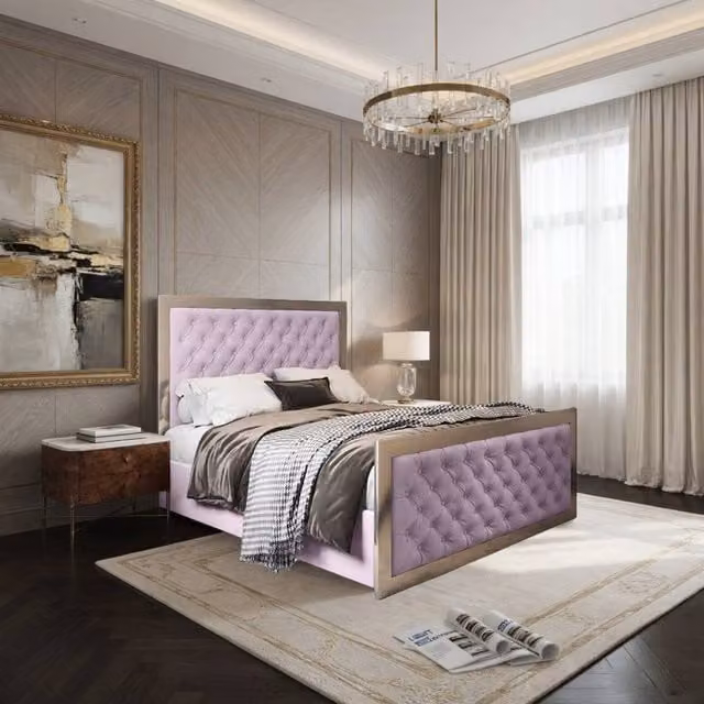 KDMD Mawdesley Upholstered Soft Velvet Designer Bed Frame in Pink and Black, W/D/H: 200 x 137 x 137 cm
