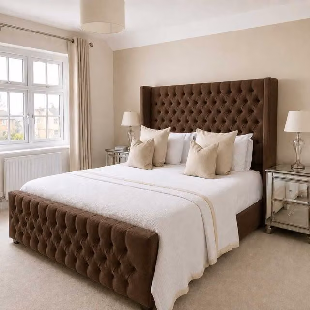 Bellavita Brown Velvet Gas Lift Storage Bed with Chesterfield Tufted Headboard