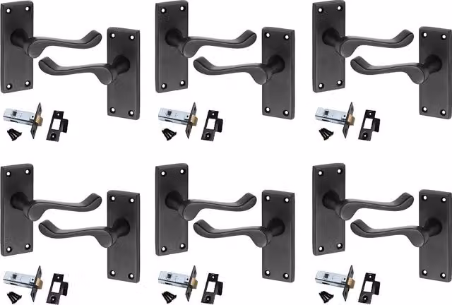Golden Grace 6 Set Victorian Scroll Door Handles with Latch in Matt Black