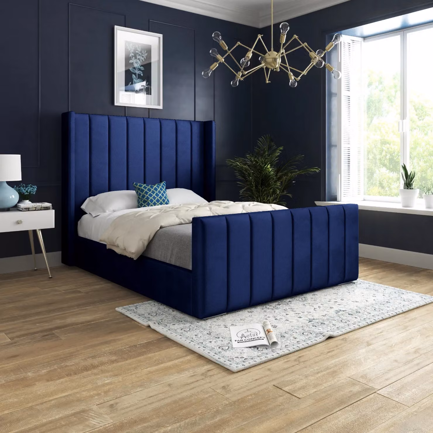 Casani Blue Velvet Upholstered Bed Frame W: 140 cm, D: 200 cm – 2