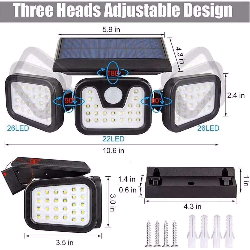 Kelvenix 3-Head Solar Powered LED Motion Sensor Wall Floodlight in Black – 2