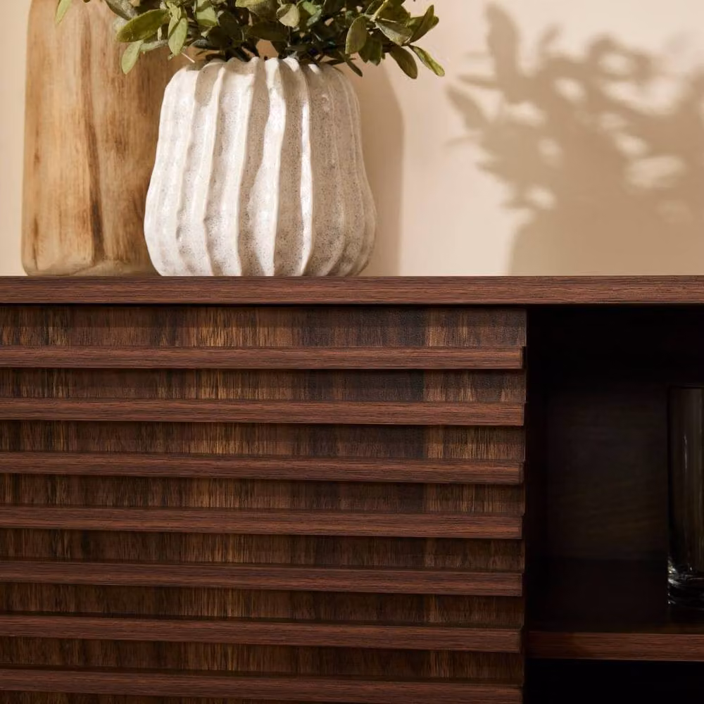 CALICOSY FRIBOURG Sideboard with 2 Sliding Doors and Grooved Wood Effect Fronts in Dark Brown, Width: 140 cm – 4