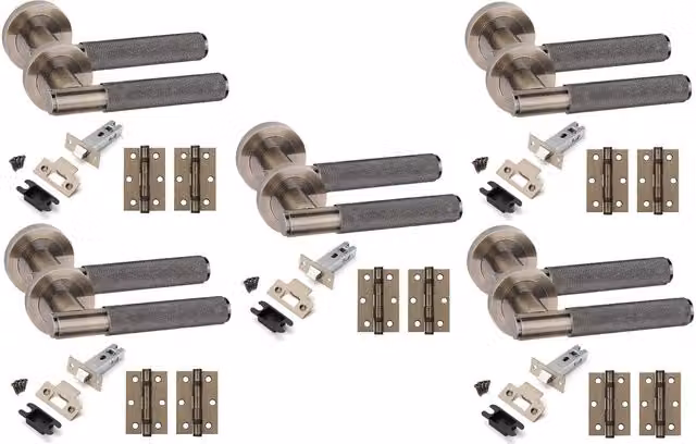 Golden Grace 5 Set Straight T-Bar Knurled Door Handles Internal Set in Antique Brass and Gold