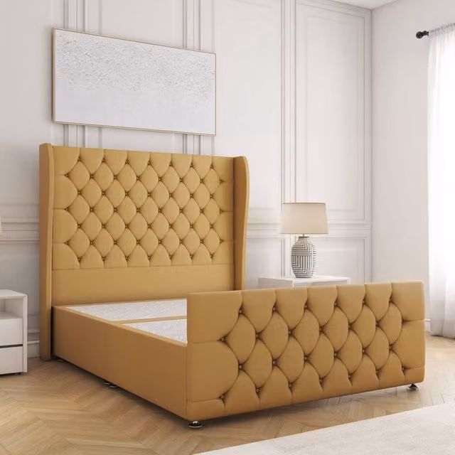 BSSPOKE Anna Divan Bed in Mustard Yellow Plush Velvet with 54 inch Headboard, Small Double, W/D/H: 120 x 200 cm