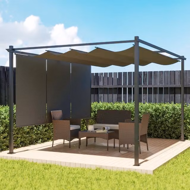 Outsunny Metal Pergola with Retractable Roof and Roller Shade, Grey, W: 4 m, D: 3 m
