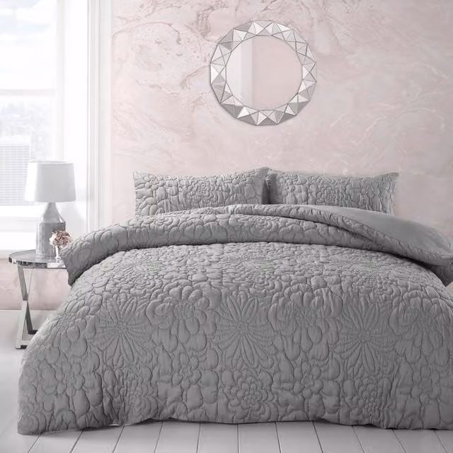 Velosso Grey Microfibre Floral Duvet Cover and Pillowcase Set, 180 x 200 cm