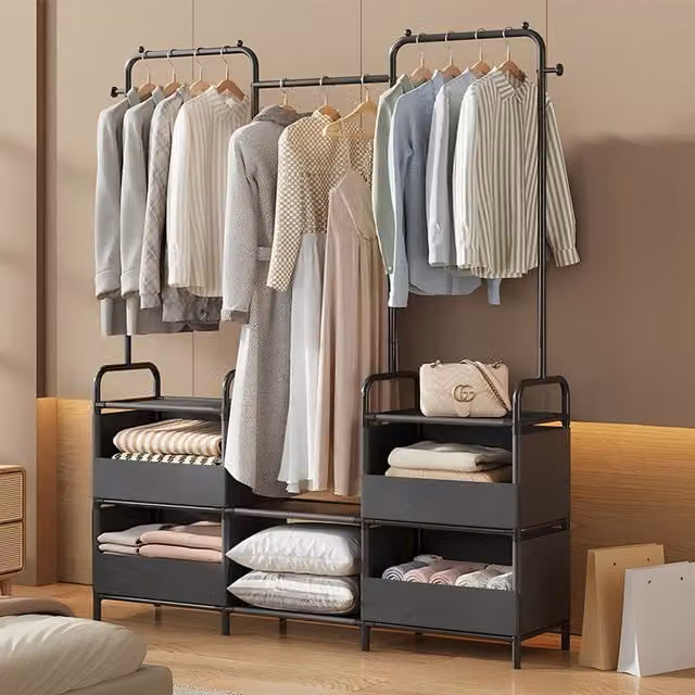 Livingandhome Modern Metal Freestanding Garment Rack with Shelves and Baskets in Matt Grey