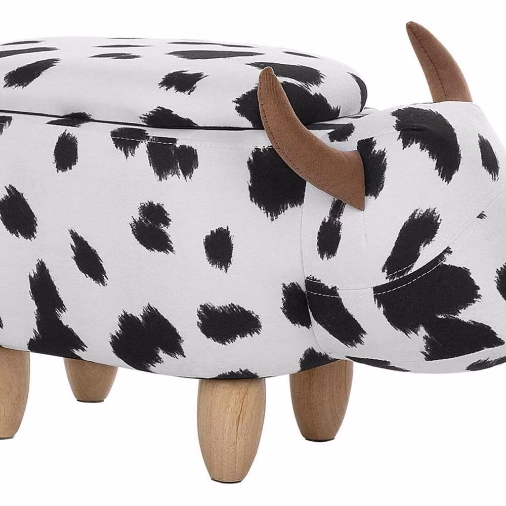 Wyld and Coco Cow Print Storage Stool in White and Black Faux Leather with Rubberwood Legs – 2