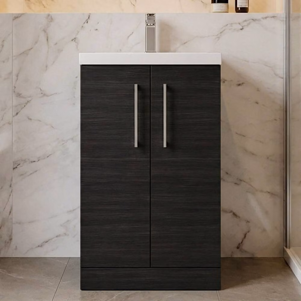 Balterley Modern Black Wood Freestanding Bathroom Vanity Unit with Soft Close Hinged Doors and Chrome Handles, Width: 50 cm – 7