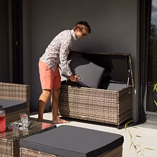 tectake Kiruna Garden Storage Box in Brown with Rattan and Metal Frame – 2