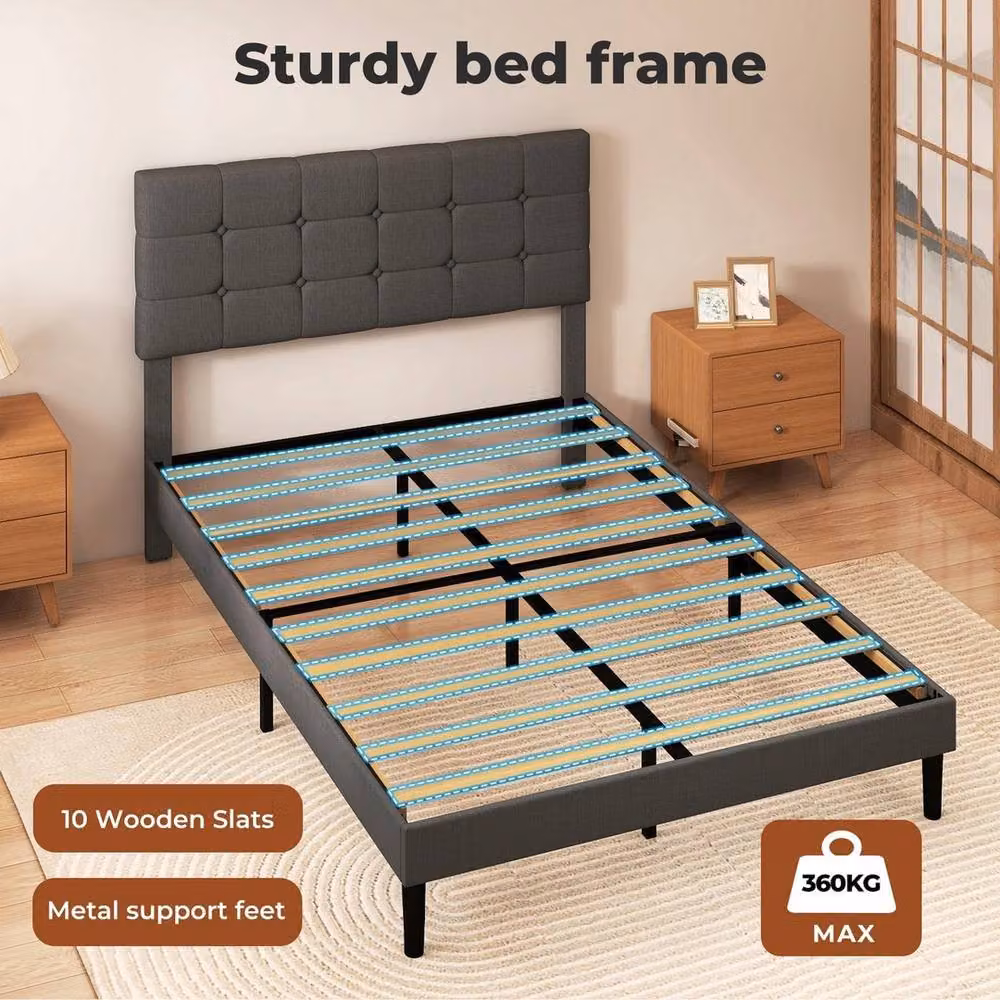 VOGREX Grey Upholstered Linen Double Bed Frame with Wooden Slats, W/D/H: 139 x 140 x 106 cm – 3